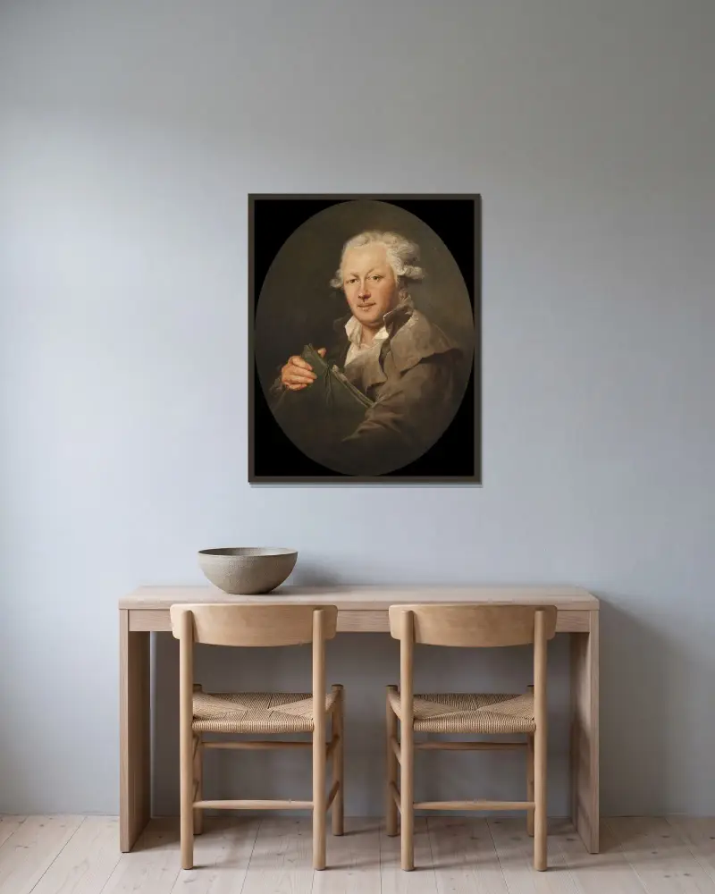 Self-portrait av Peter Adolf Hall inramad på en vägg
