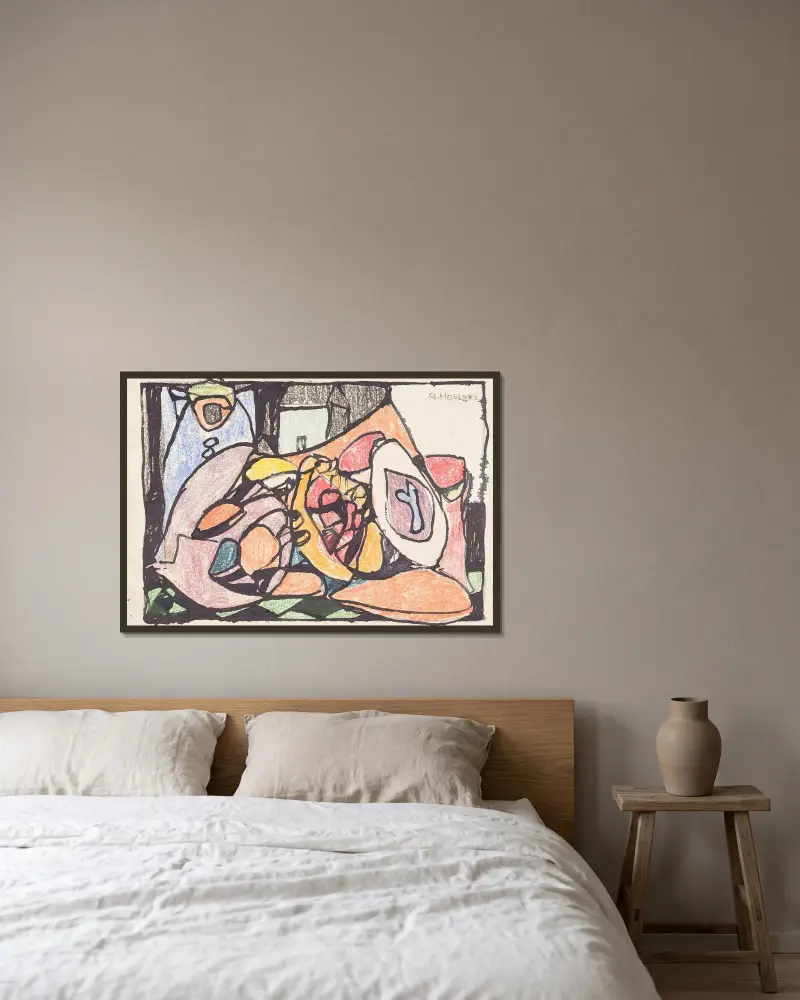 Farbige Einladungskarte von Adolf Hölzel gerahmt an einer Wand