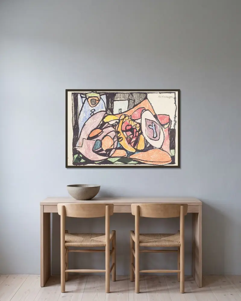 Farbige Einladungskarte von Adolf Hölzel gerahmt an einer Wand