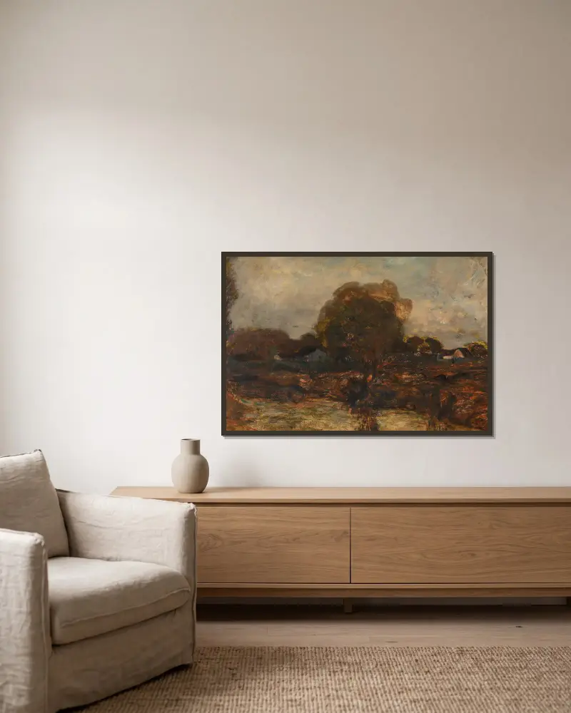 Flusslandschaft mit Dorf von Adolf Hölzel gerahmt an einer Wand