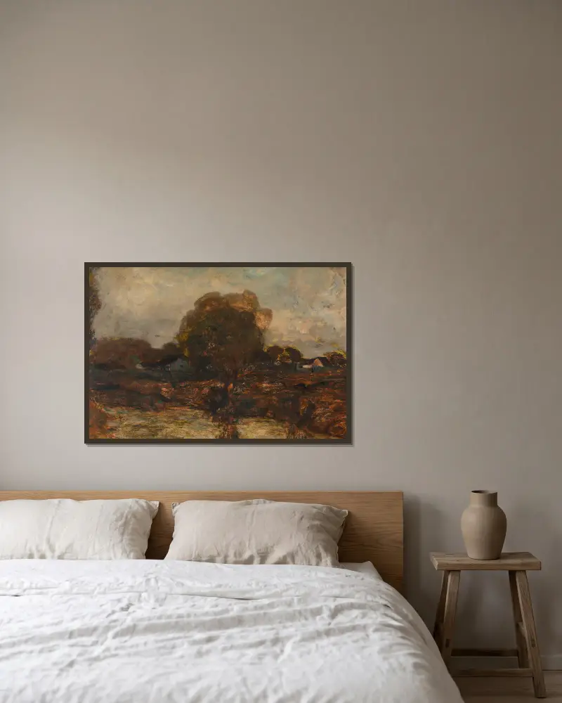 Flusslandschaft mit Dorf von Adolf Hölzel gerahmt an einer Wand