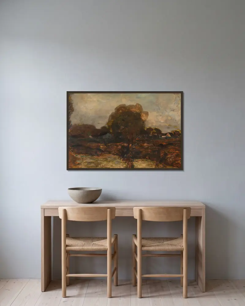 Flusslandschaft mit Dorf von Adolf Hölzel gerahmt an einer Wand