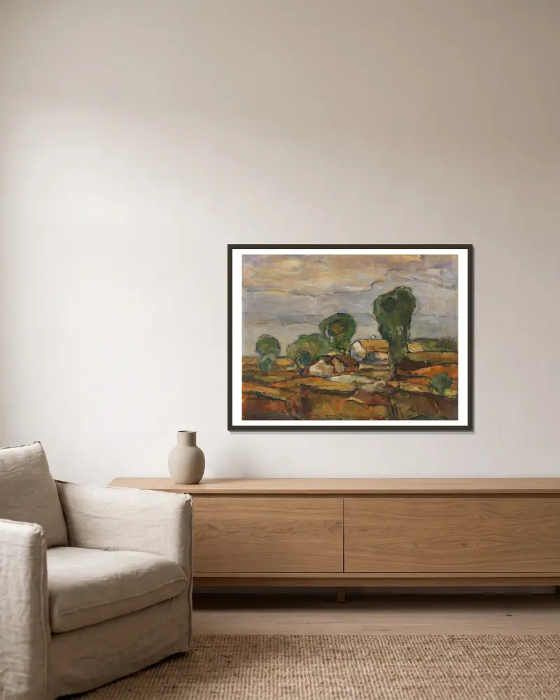 Landschaft mit Häusern und Bäumen av Adolf Hölzel inramad på en vägg