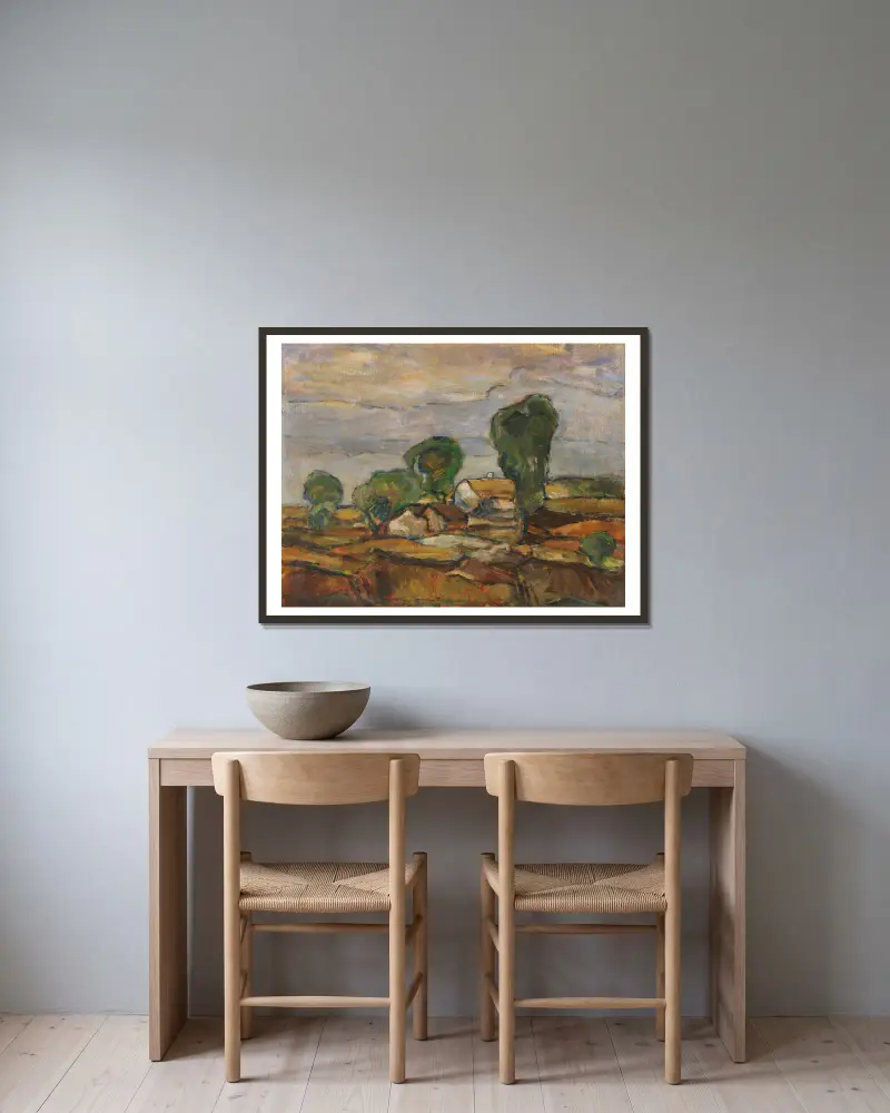 Landschaft mit Häusern und Bäumen av Adolf Hölzel inramad på en vägg