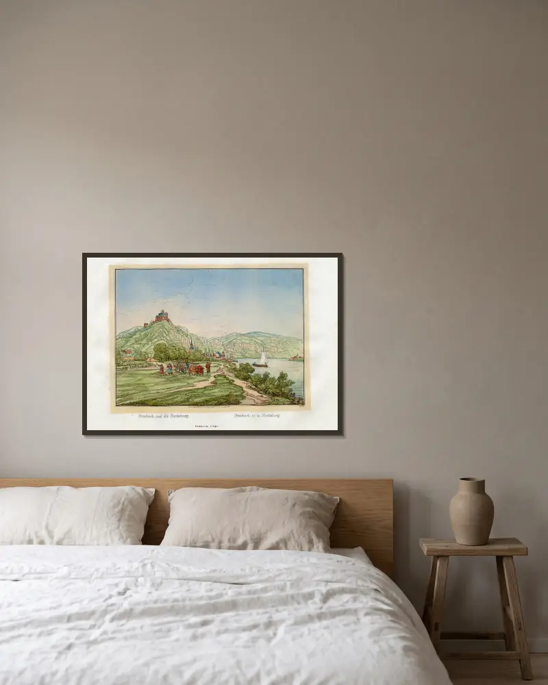 Braubach und die Marksburg von Johann Adolf Lasinsky gerahmt an einer Wand