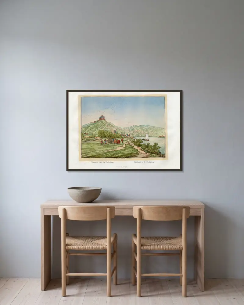 Braubach und die Marksburg von Johann Adolf Lasinsky gerahmt an einer Wand