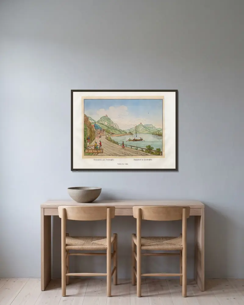 Rolandseck und Drachenfels von Johann Adolf Lasinsky gerahmt an einer Wand