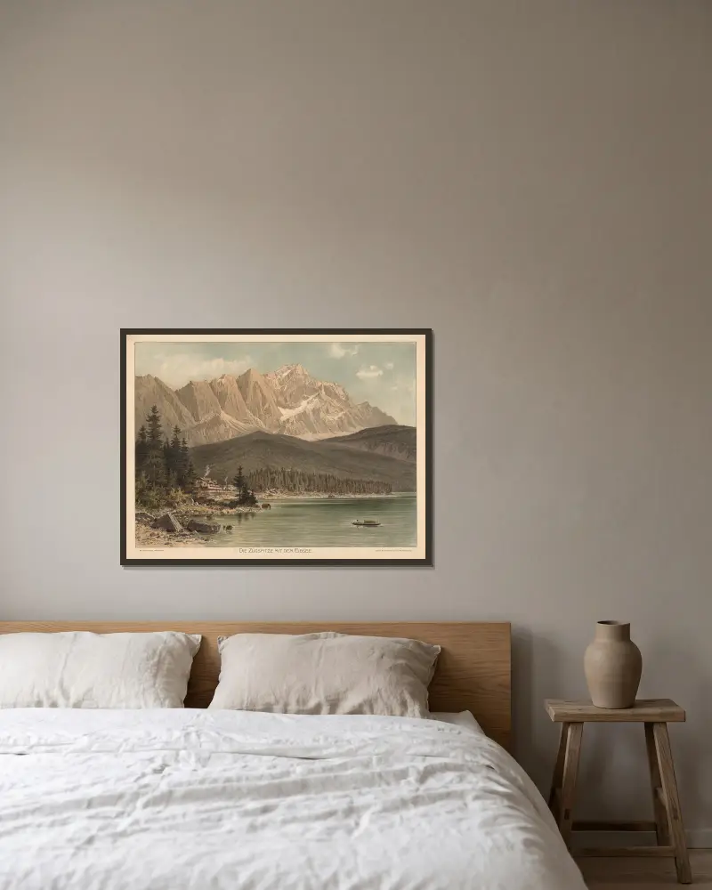 Die Zugspitze mit dem Eibsee av Adolf Lehmann inramad på en vägg
