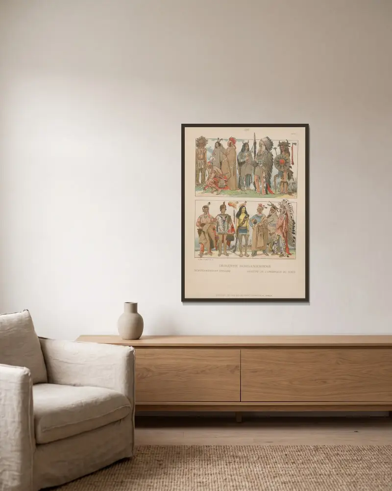 Nordamerikanska indianer av Adolf Rosenberg inramad på en vägg