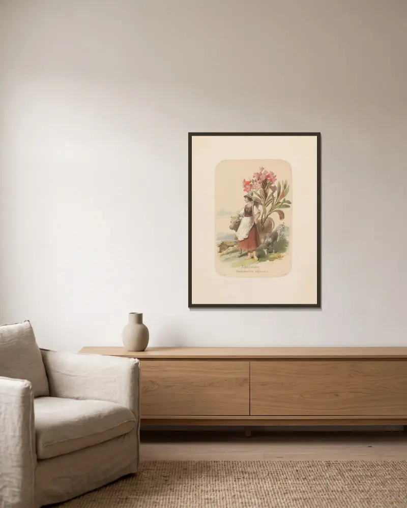 Alprosor. Rhododendron alpinum av Adolf Schrödter inramad på en vägg