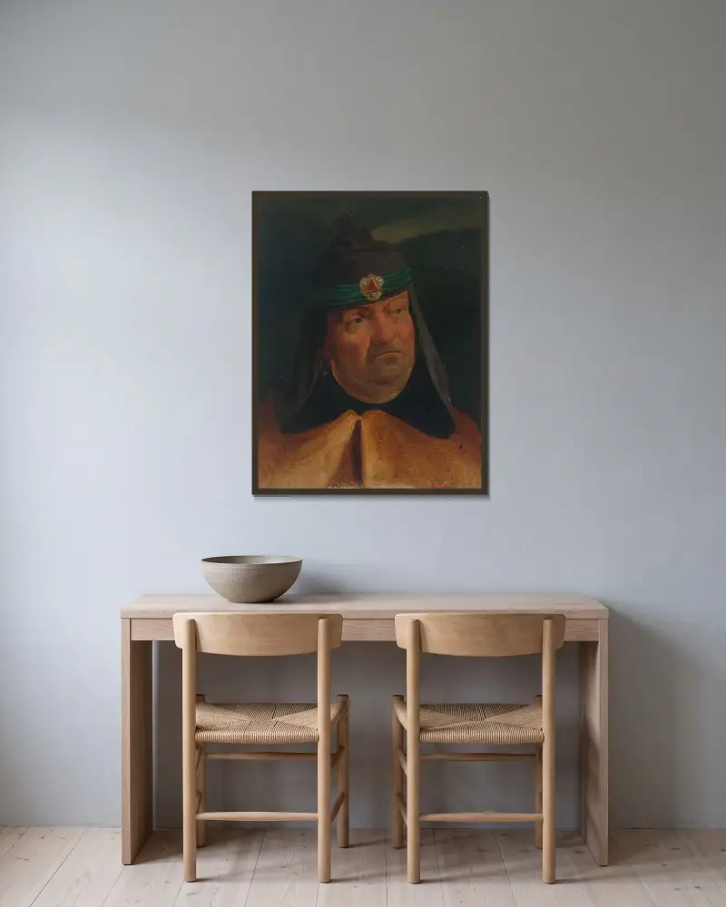Studie av huvudet på en man med juvelprytt pannband över huva av Adolf Schrödter inramad på en vägg
