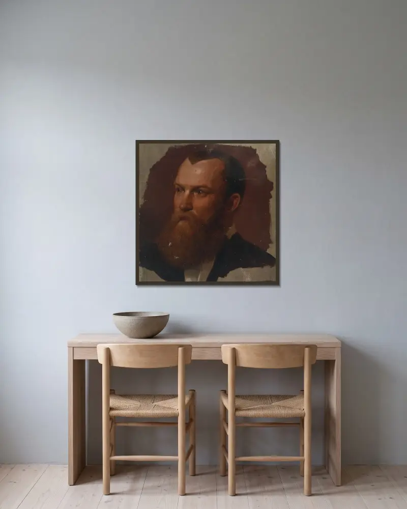 Studie av huvudet på en ung man med helskägg av Adolf Schrödter inramad på en vägg