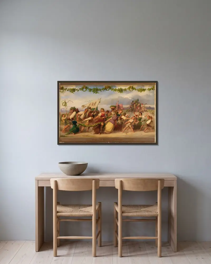 Triumph des Königs Wein, 1. Bild av Adolf Schrödter inramad på en vägg