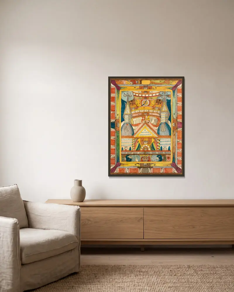 Leantika,=Riesen=Grand=Hottell, i Lion=See; Indien av Adolf Wölfli inramad på en vägg
