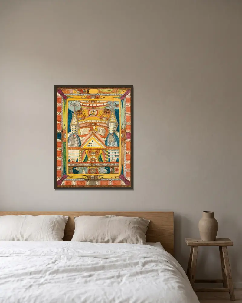 Leantika,=Riesen=Grand=Hottell, i Lion=See; Indien av Adolf Wölfli inramad på en vägg