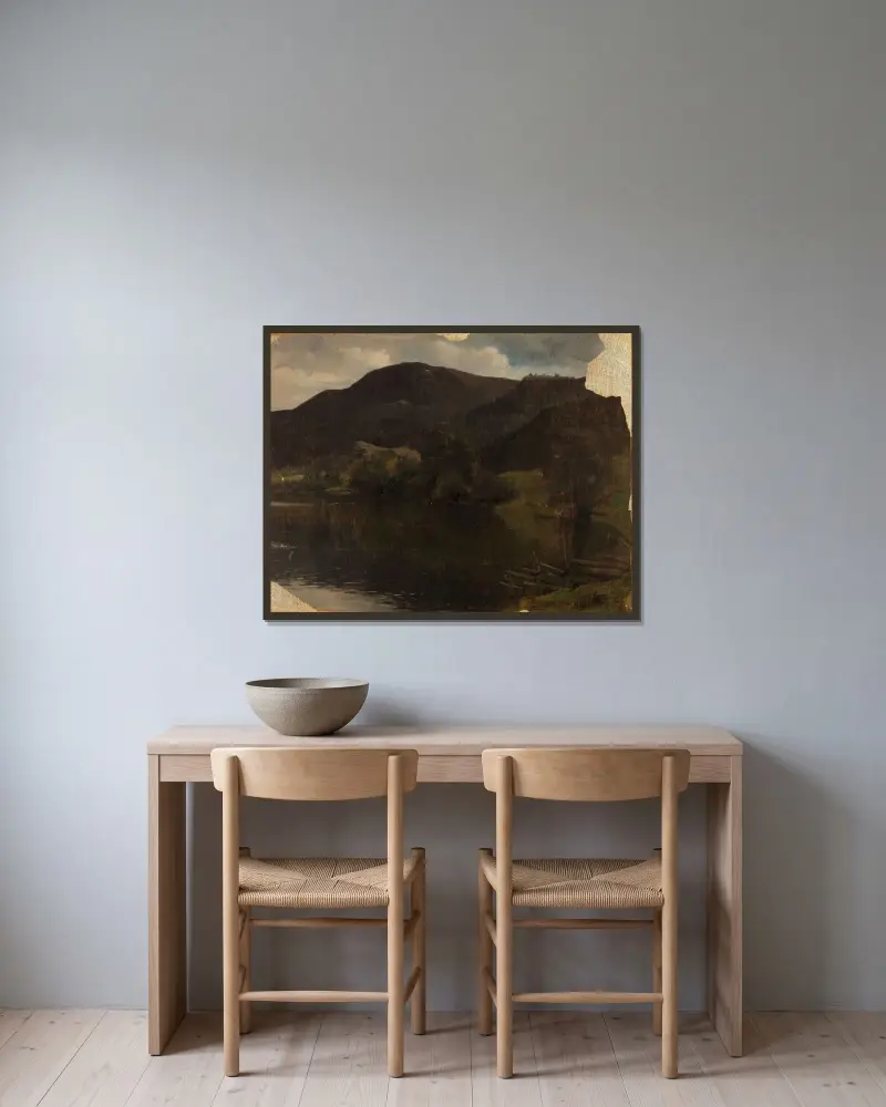 A Lake av Adolph Tidemand inramad på en vägg