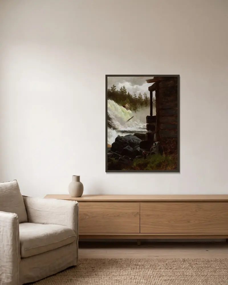 Ein Wasserfall von Adolph Tidemand gerahmt an einer Wand