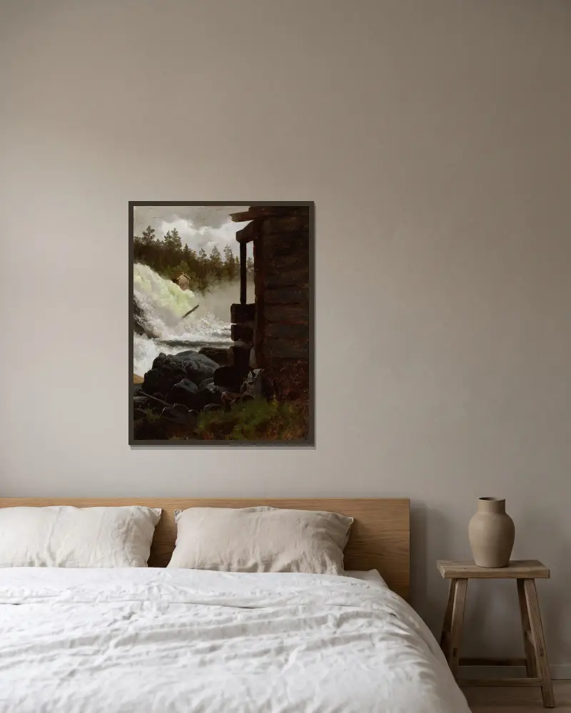 Ein Wasserfall von Adolph Tidemand gerahmt an einer Wand