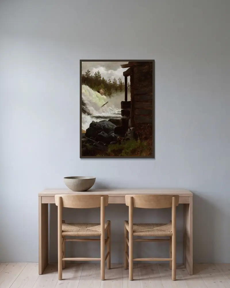 Ein Wasserfall von Adolph Tidemand gerahmt an einer Wand