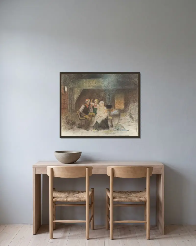 Familiegruppe i en bondestue av Adolph Tidemand inramad på en vägg