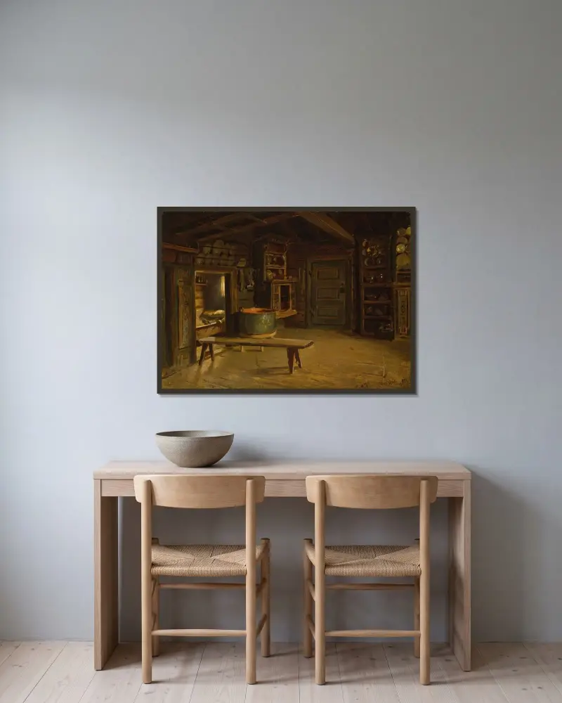 Farm Interior from Gulsvik in Hallingdal av Adolph Tidemand inramad på en vägg