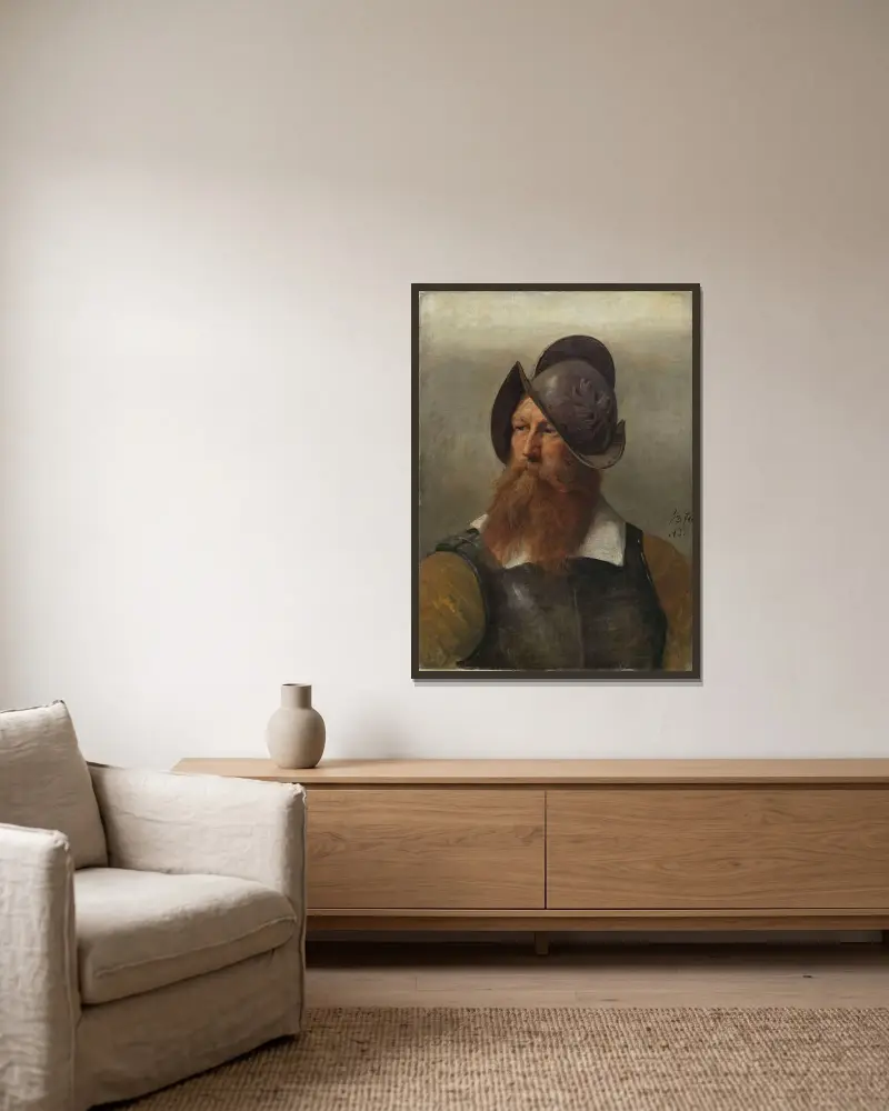 Figure Study for Christian IV founding Christiania av Adolph Tidemand inramad på en vägg