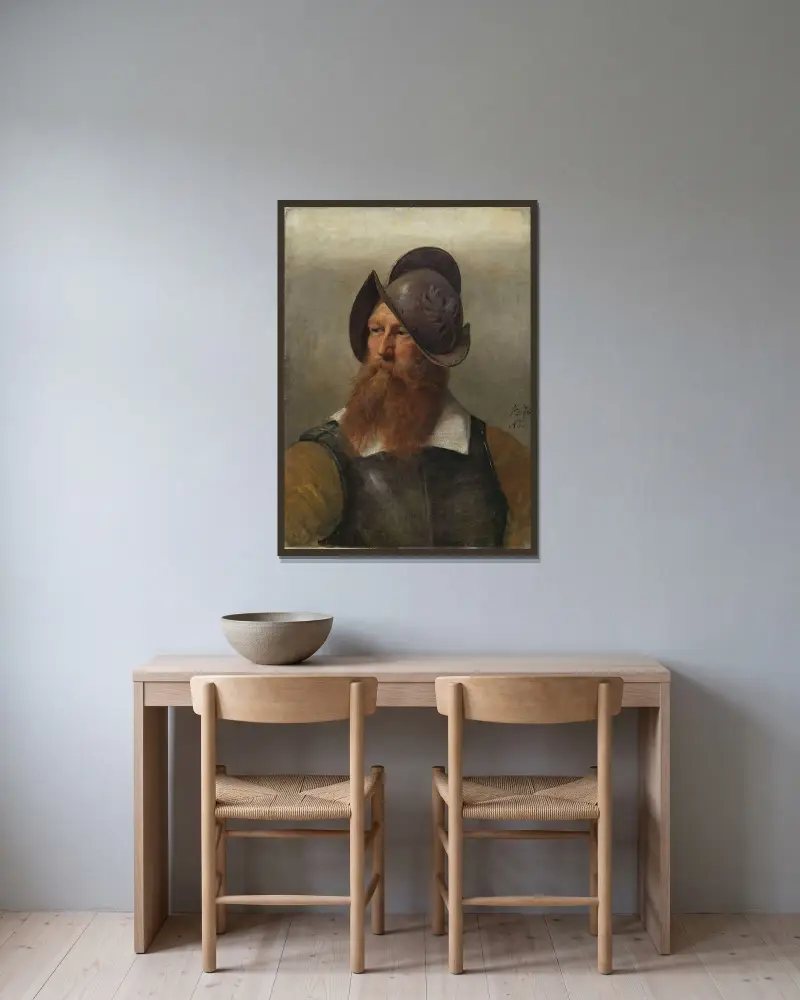 Figure Study for Christian IV founding Christiania av Adolph Tidemand inramad på en vägg