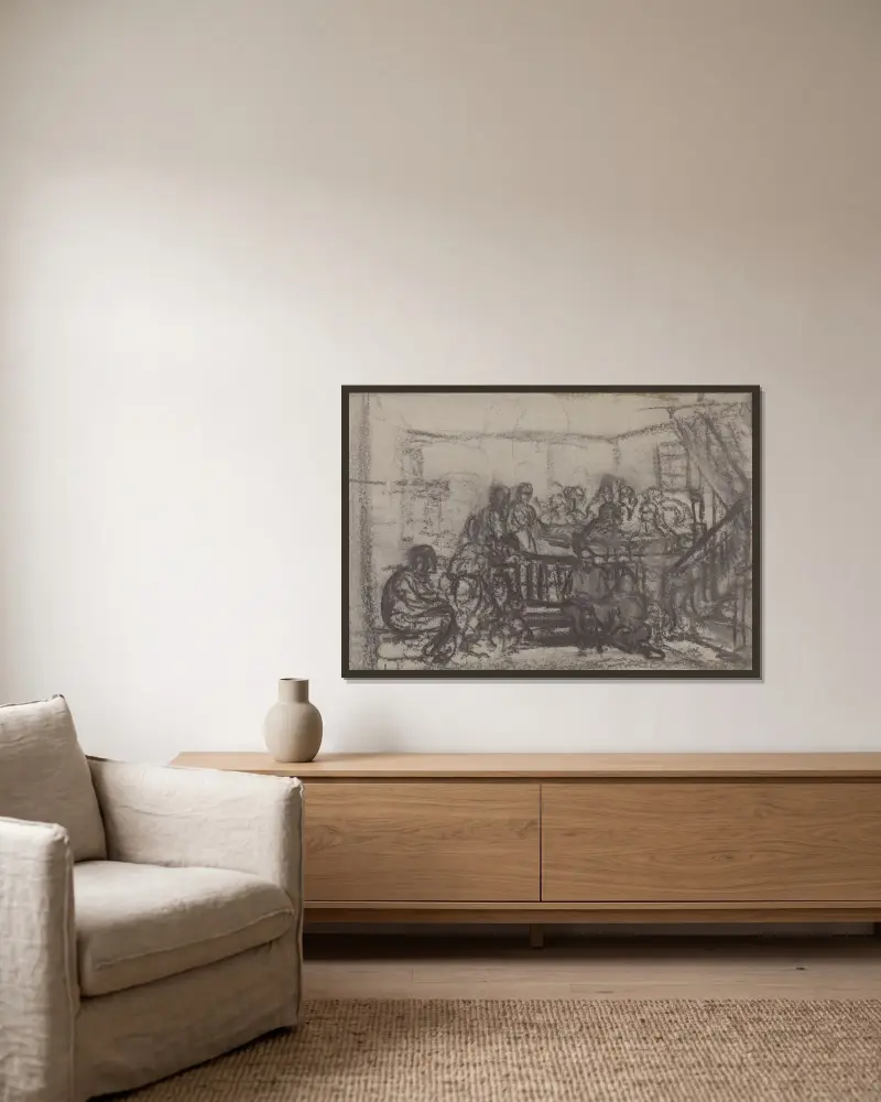 Figuren im Interieur von Adolph Tidemand gerahmt an einer Wand
