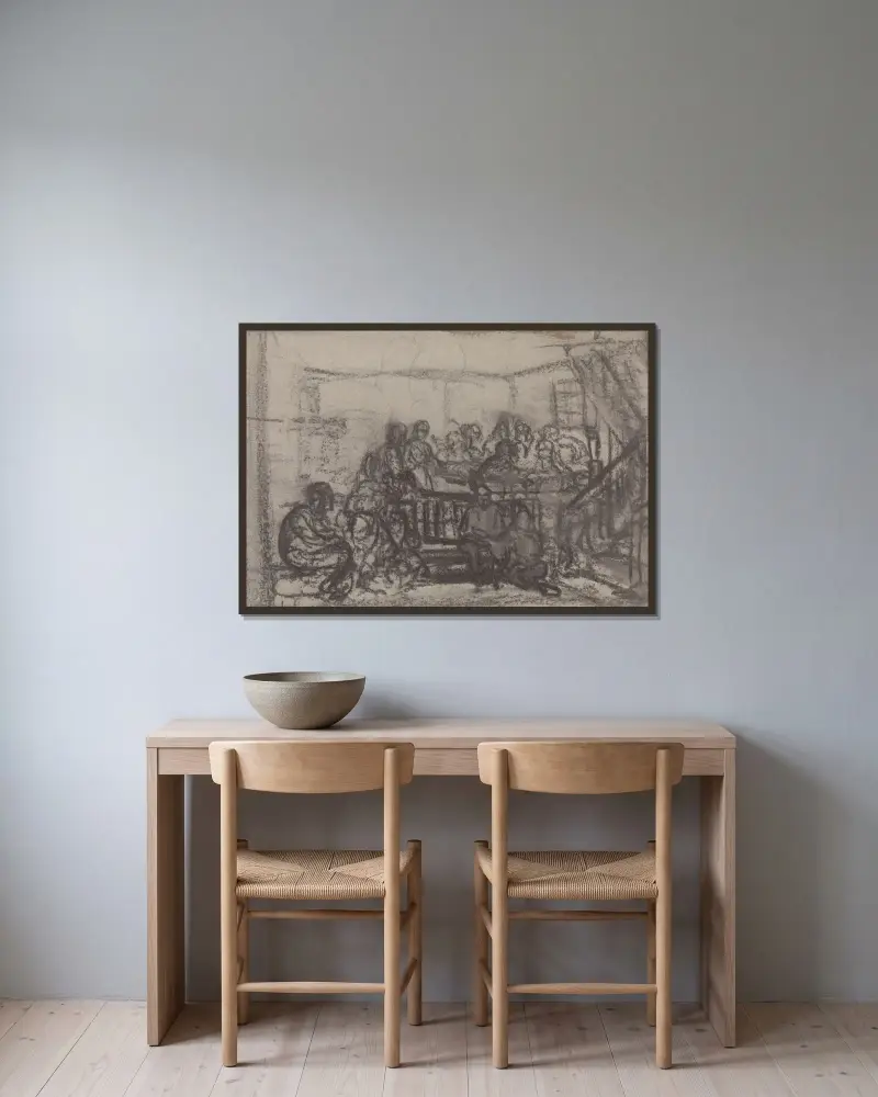 Figuren im Interieur von Adolph Tidemand gerahmt an einer Wand