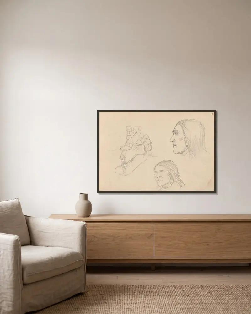 Figurgruppe; to studier av mannshode av Adolph Tidemand inramad på en vägg