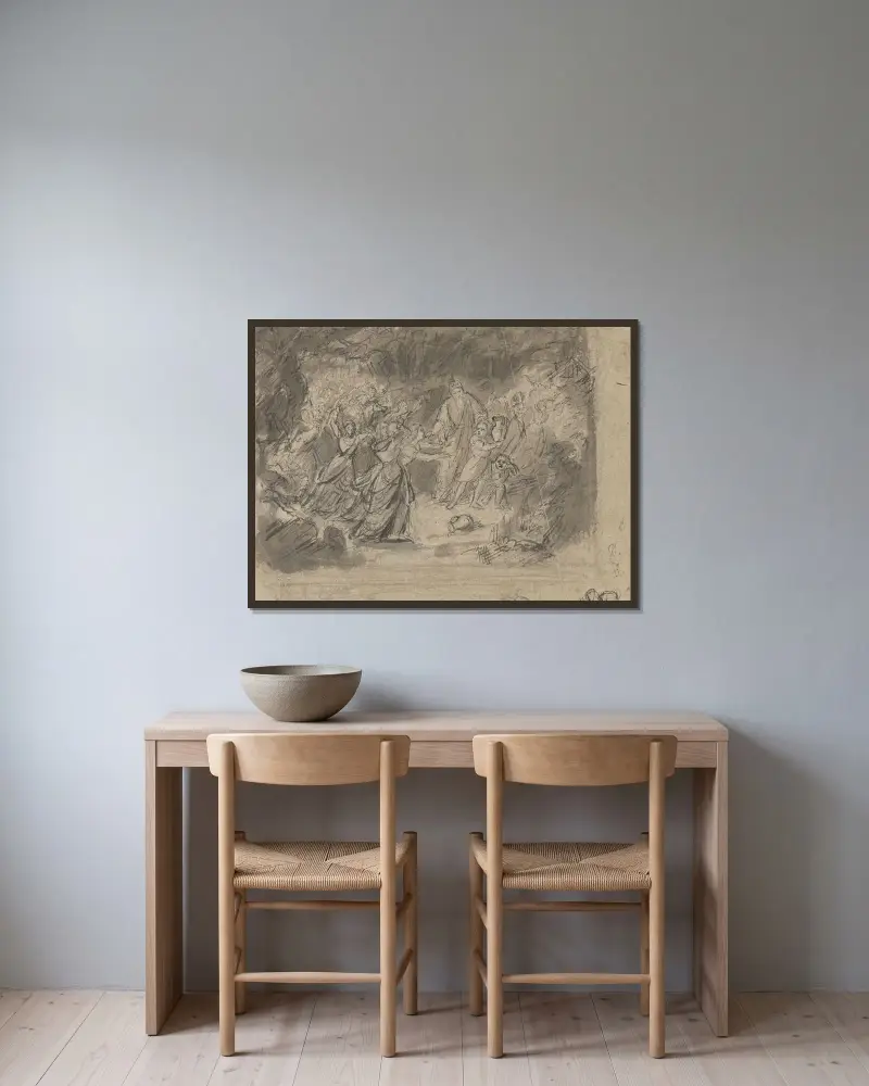 Figurkomposition av Adolph Tidemand inramad på en vägg