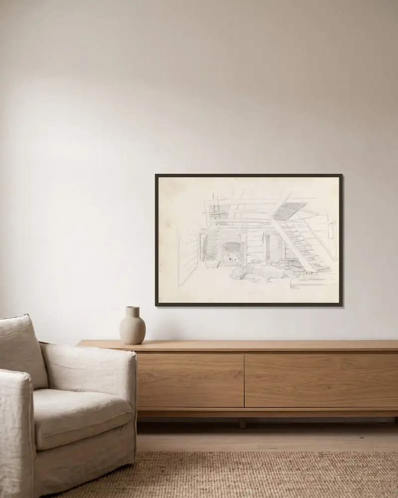 Interiör från en bondestuga av Adolph Tidemand inramad på en vägg