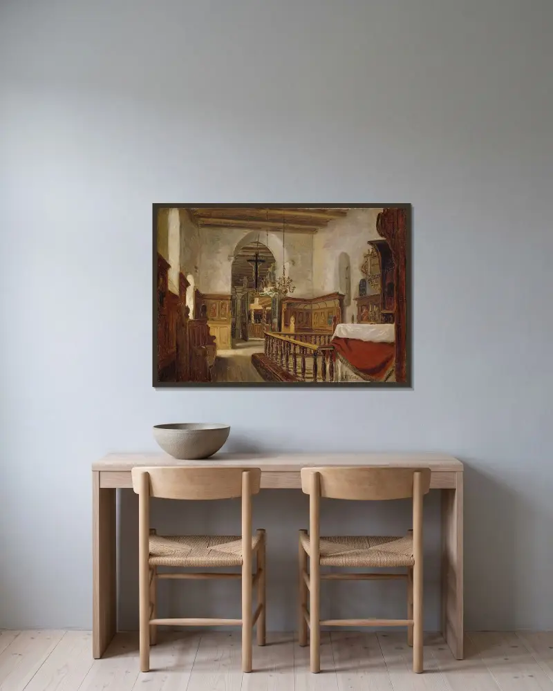 Interiör från kyrkan i Voss av Adolph Tidemand inramad på en vägg