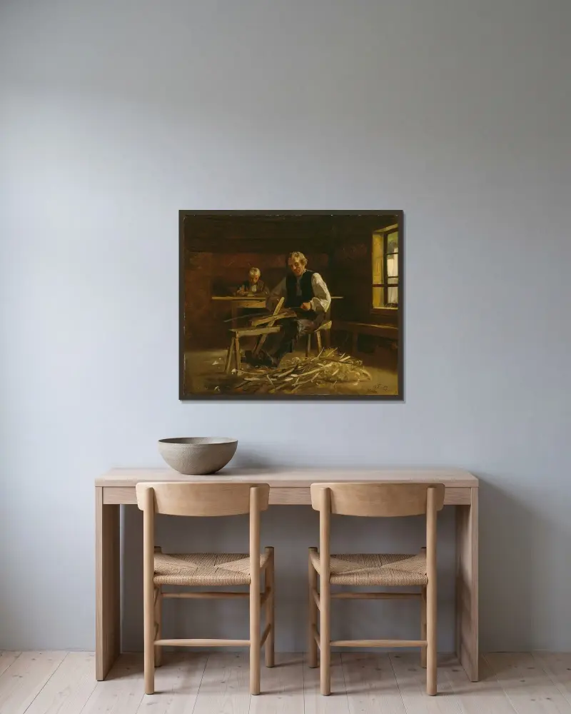 Interiör från Vikøy med bonde som gör tönnband av Adolph Tidemand inramad på en vägg
