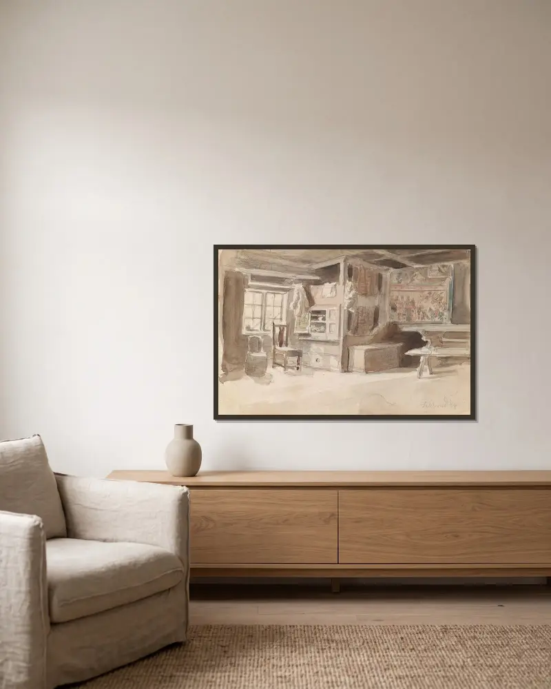 Interieur, Leksand von Adolph Tidemand gerahmt an einer Wand