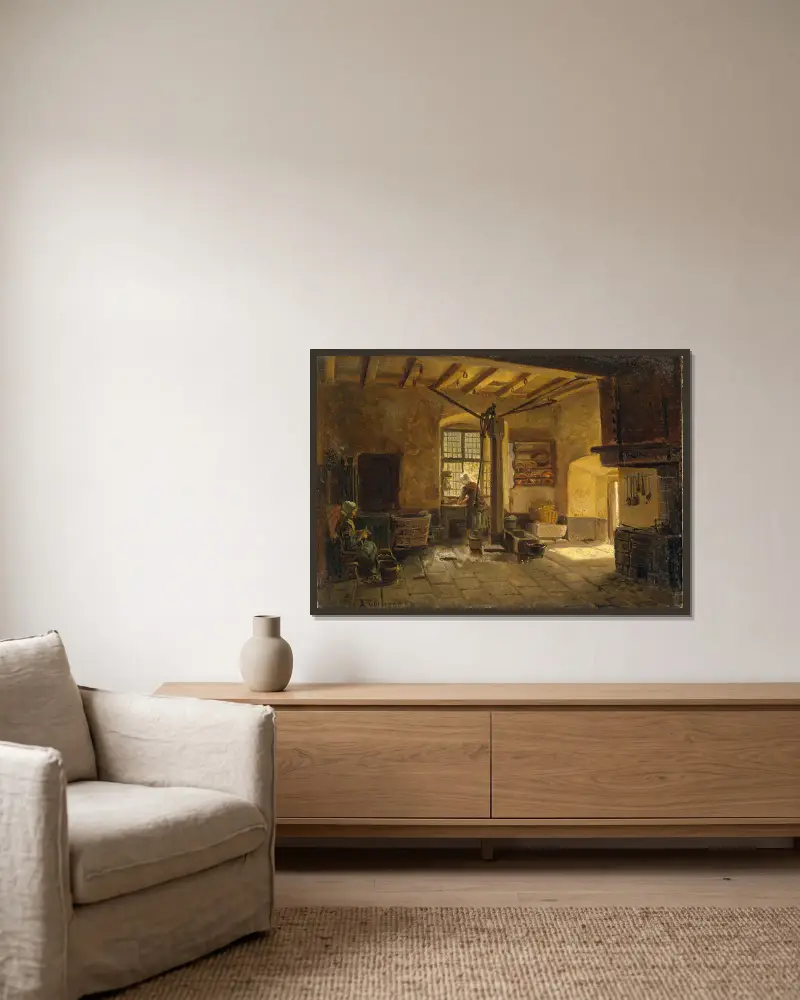 Kücheninterieur von Adolph Tidemand gerahmt an einer Wand