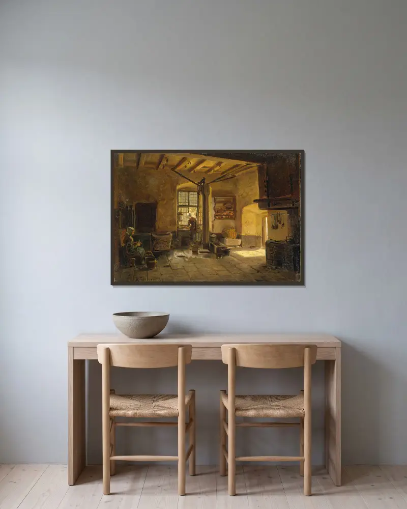 Kücheninterieur von Adolph Tidemand gerahmt an einer Wand