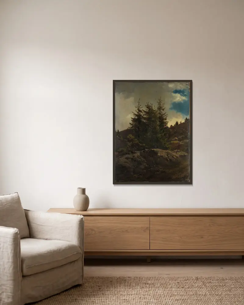 Landschaft bei Nes in Hallingdal von Adolph Tidemand gerahmt an einer Wand