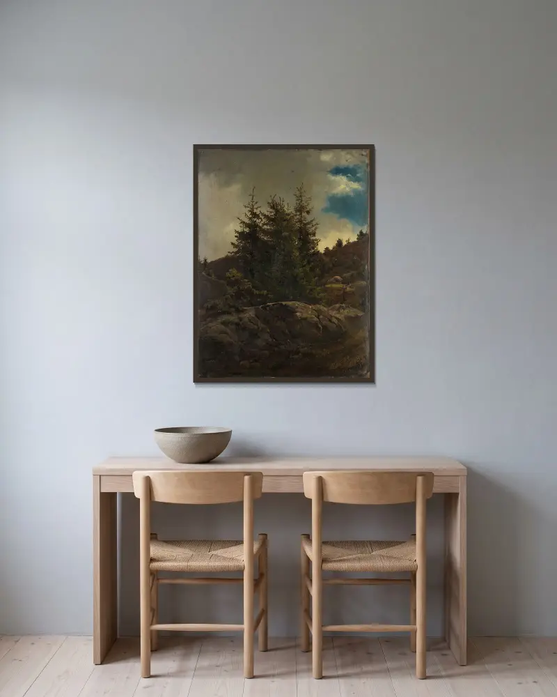 Landschaft bei Nes in Hallingdal von Adolph Tidemand gerahmt an einer Wand