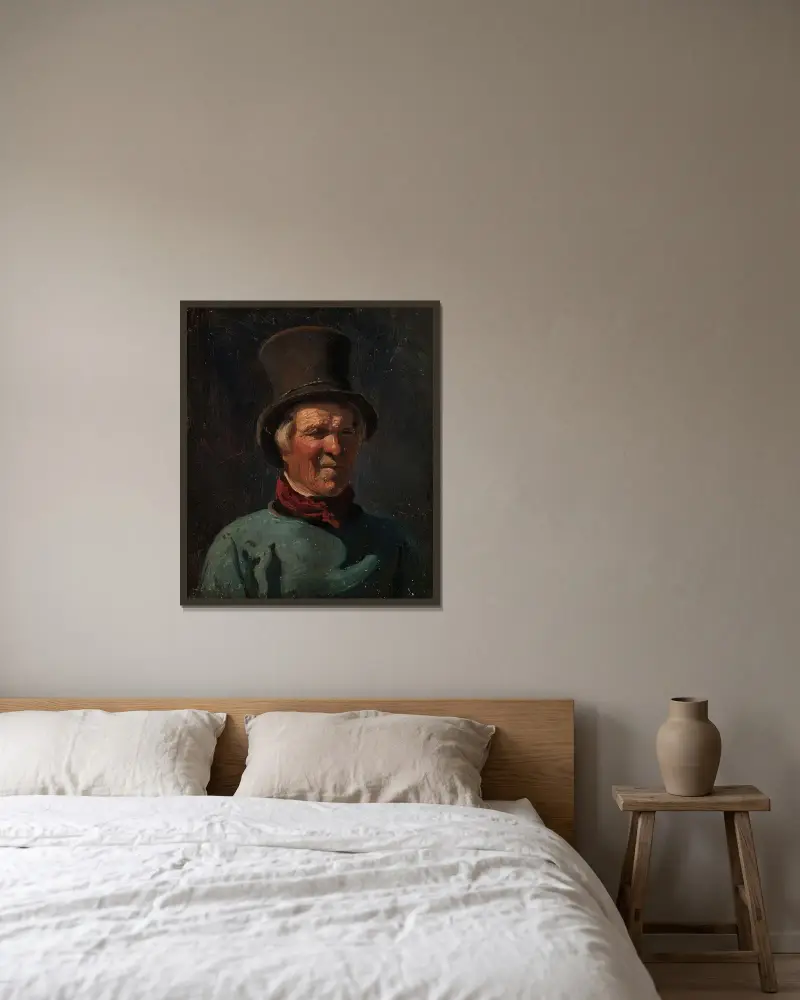 Man med hatt av Adolph Tidemand inramad på en vägg