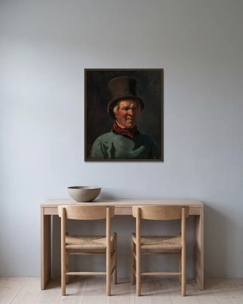 Man med hatt av Adolph Tidemand inramad på en vägg