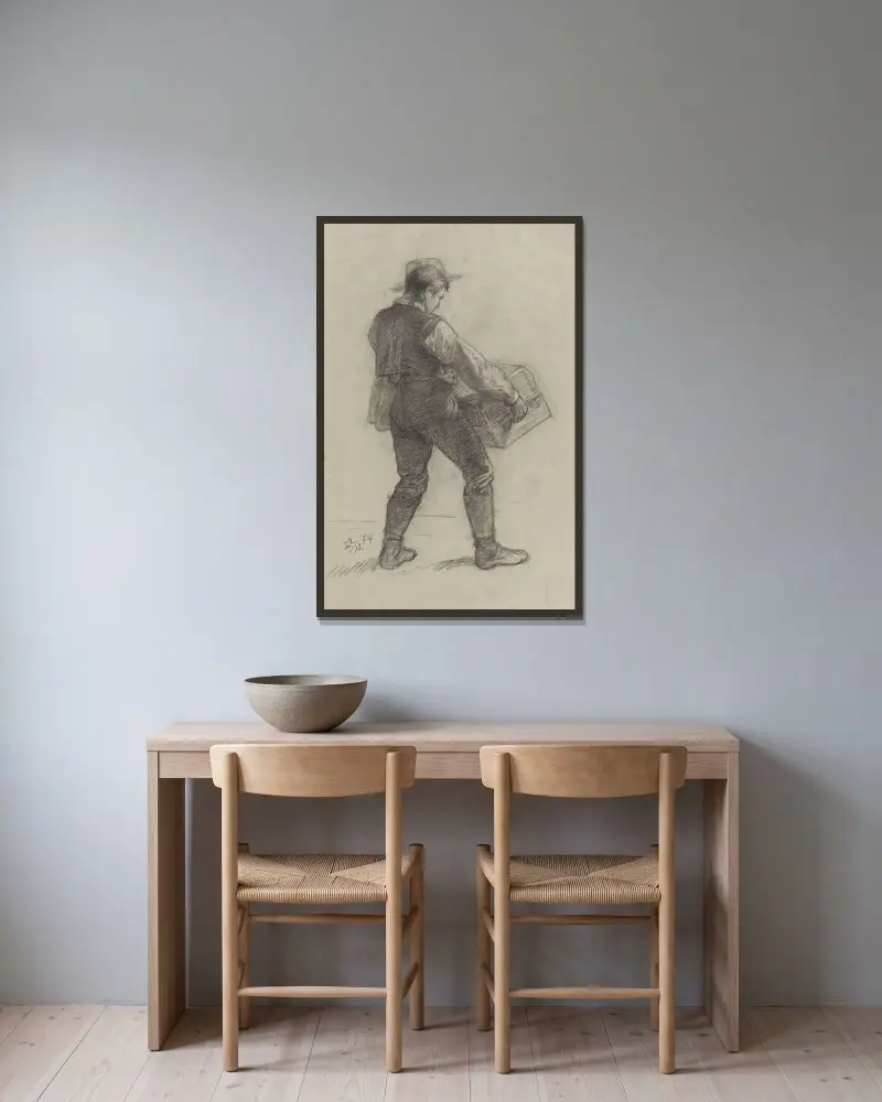 Man som bär resväska av Adolph Tidemand inramad på en vägg