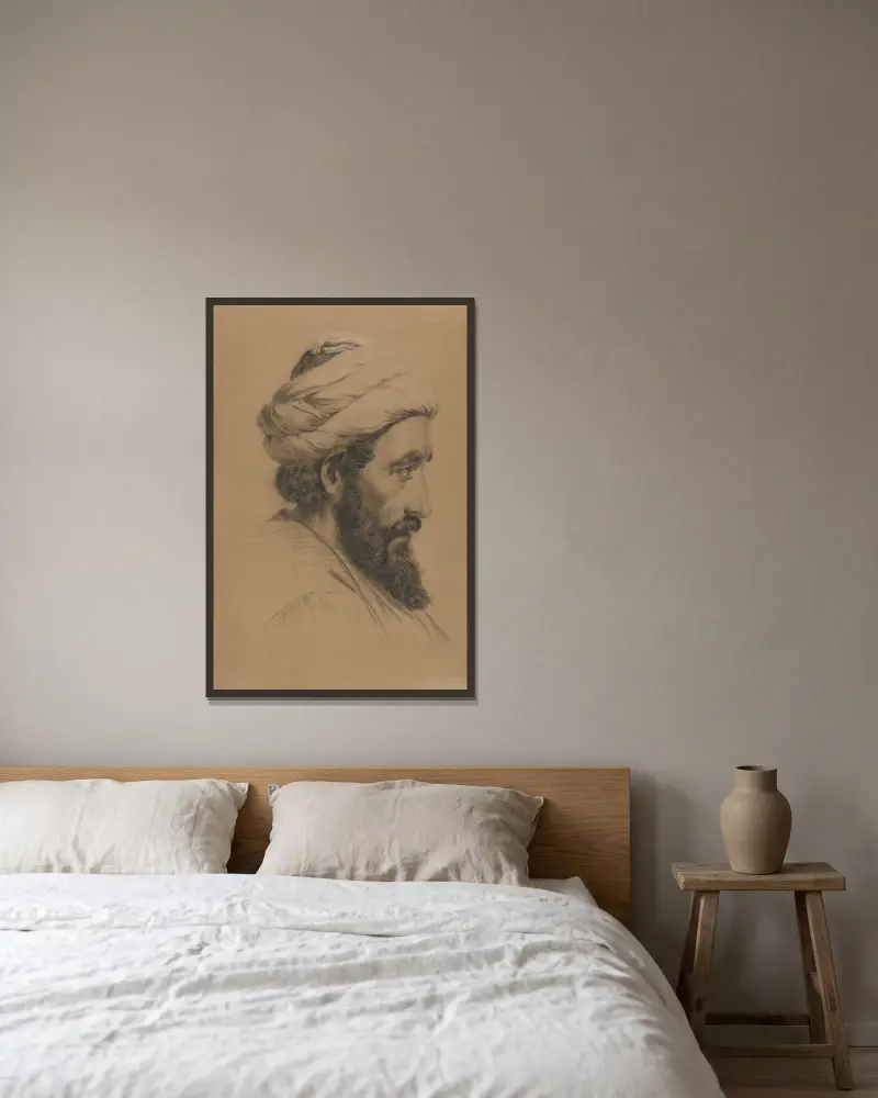 Mannshode med turban av Adolph Tidemand inramad på en vägg