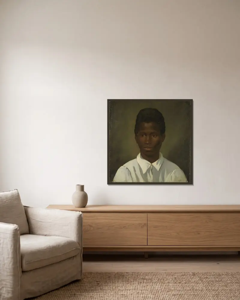 Porträtt av en ung man av Adolph Tidemand inramad på en vägg