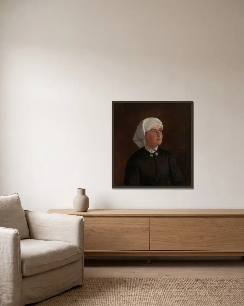Portrait of Elseberg Herrestvedt av Adolph Tidemand inramad på en vägg