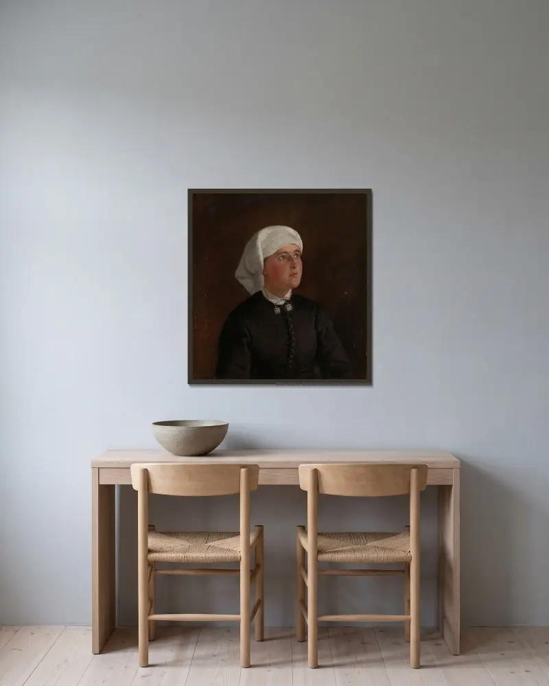 Portrait of Elseberg Herrestvedt av Adolph Tidemand inramad på en vägg