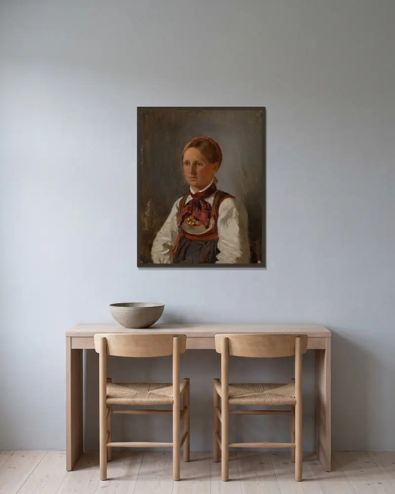 Porträtt av Gunild Olsdatter från Tinn av Adolph Tidemand inramad på en vägg