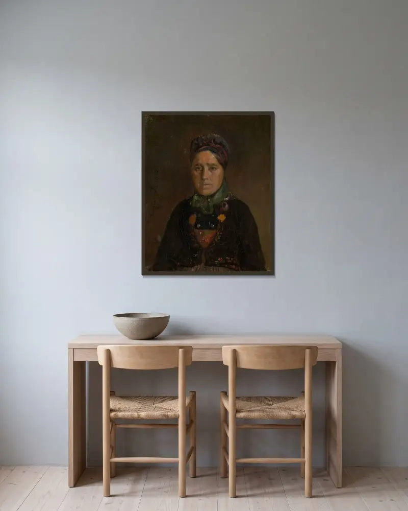 Porträtt av Ingeborg Skjønne från Numedal av Adolph Tidemand inramad på en vägg