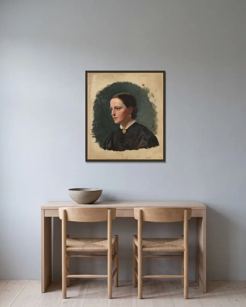 Porträtt av fru Duus av Adolph Tidemand inramad på en vägg
