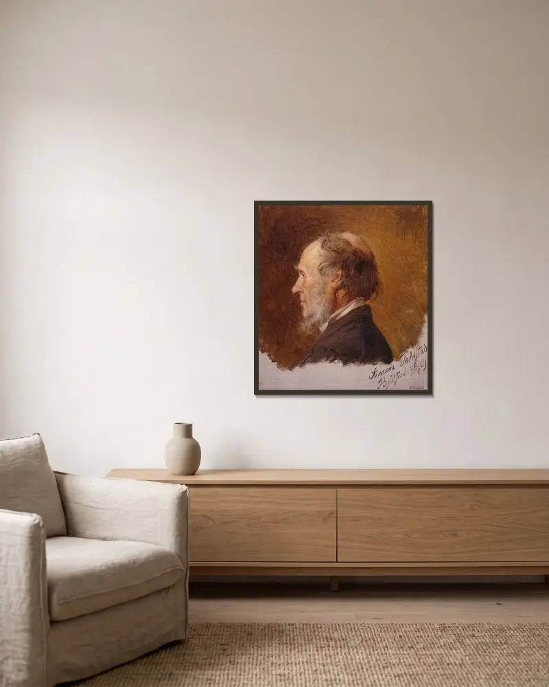 Porträtt av Simon Toldstad. Studie av Adolph Tidemand inramad på en vägg